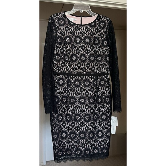 Maggy London Sheath Dress Size 10 Nude Black Lace Overlay Star Flower NWT - Picture 1 of 16